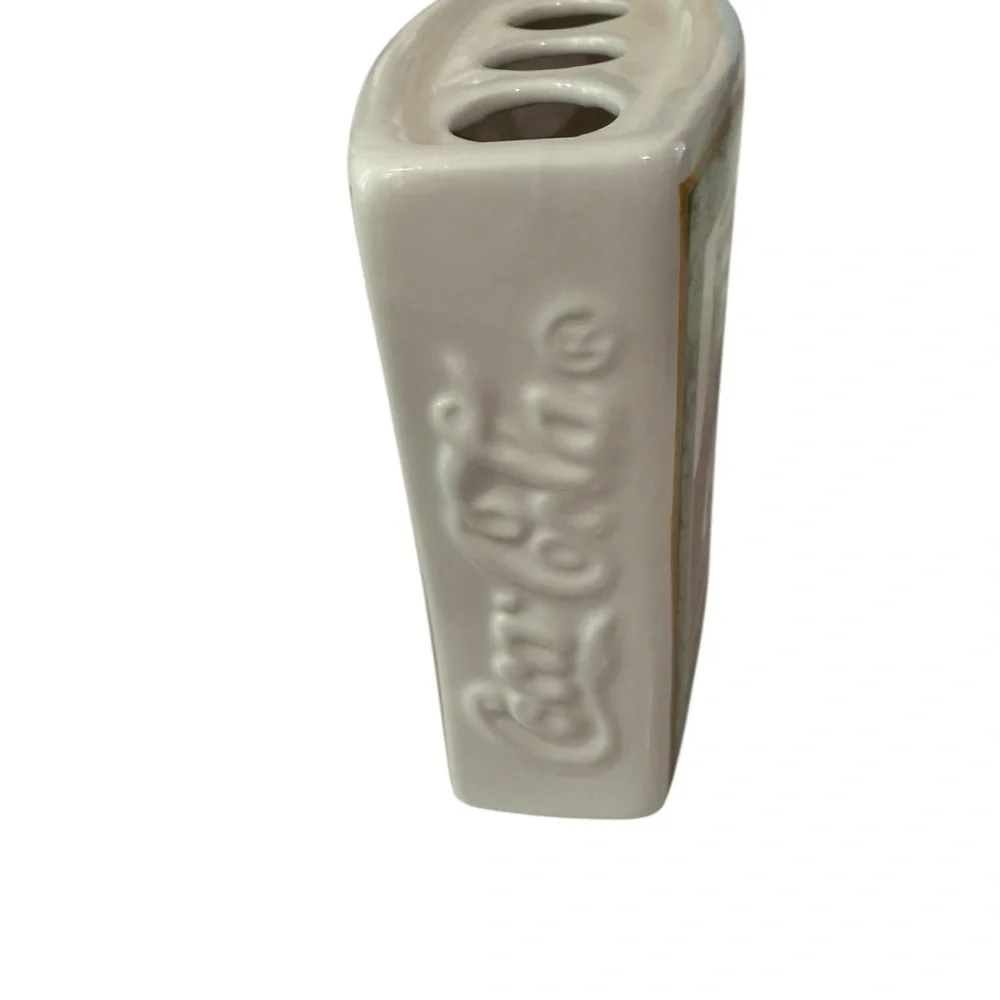 Coca Cola Ceramic 4 Brush Toothbrush Holder with Embossed Sides Collectible